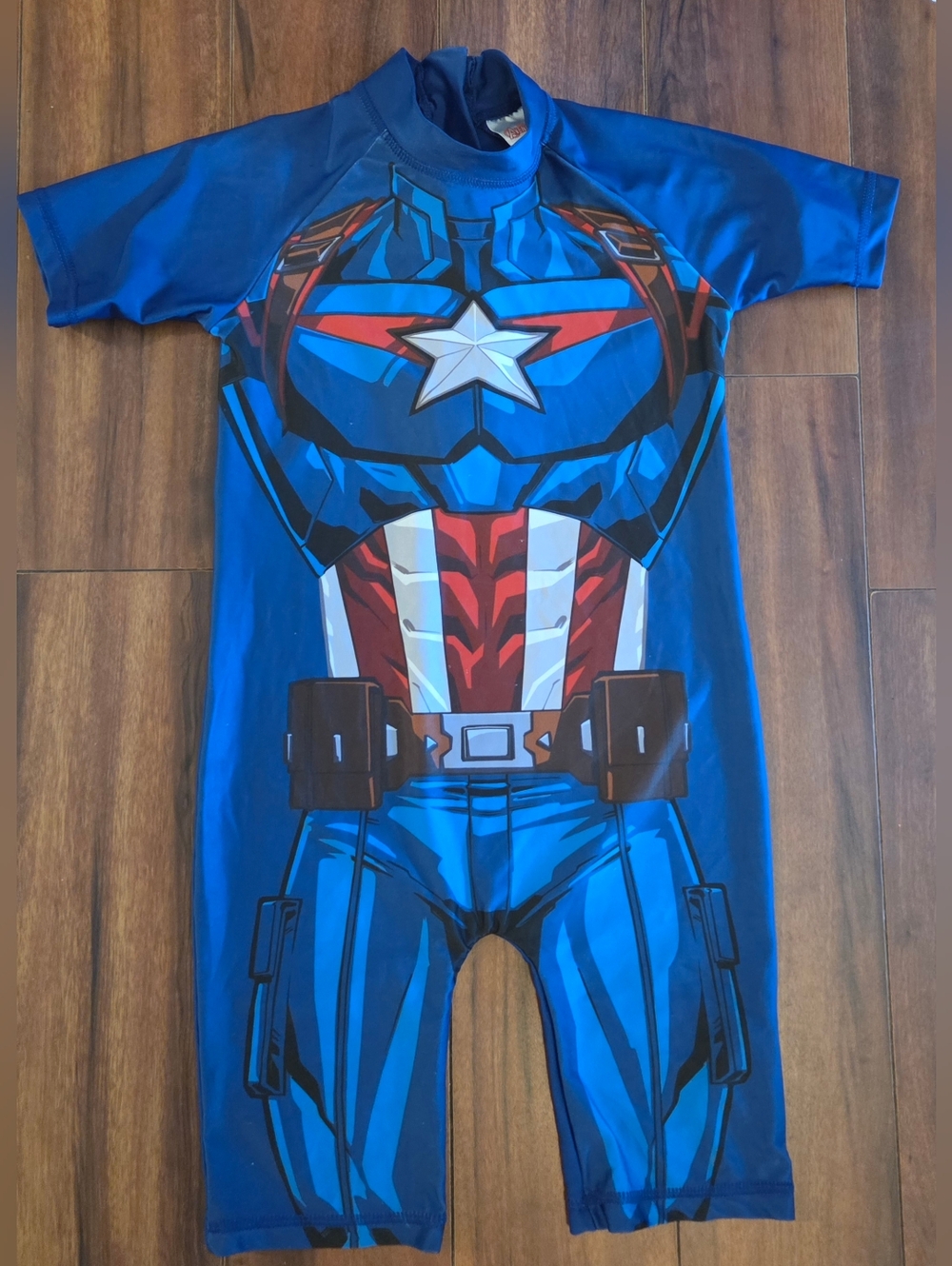 Boy's Avenger's Blue Superhero 1 Piece Swimsuit Costum Red, White, Brown Zipper
